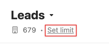 Leads header showing total leads and a highlighted Set limit link.