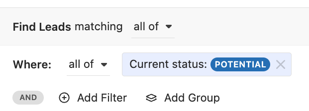 Smart View interface showing a filter for Current status set to Potential.