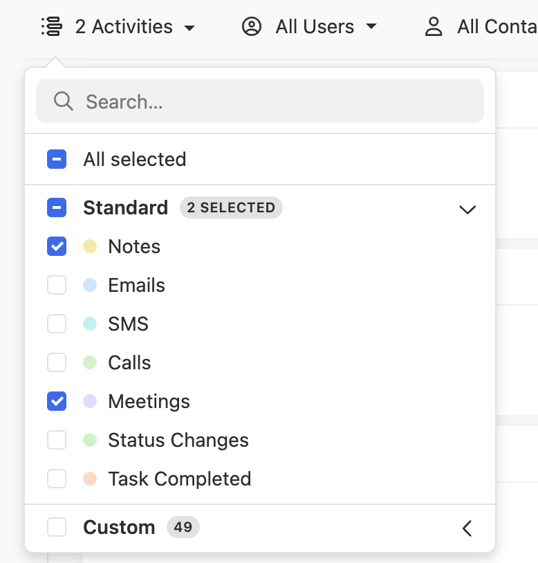 Dropdown menu for selecting activity types with Notes and Meetings checked.