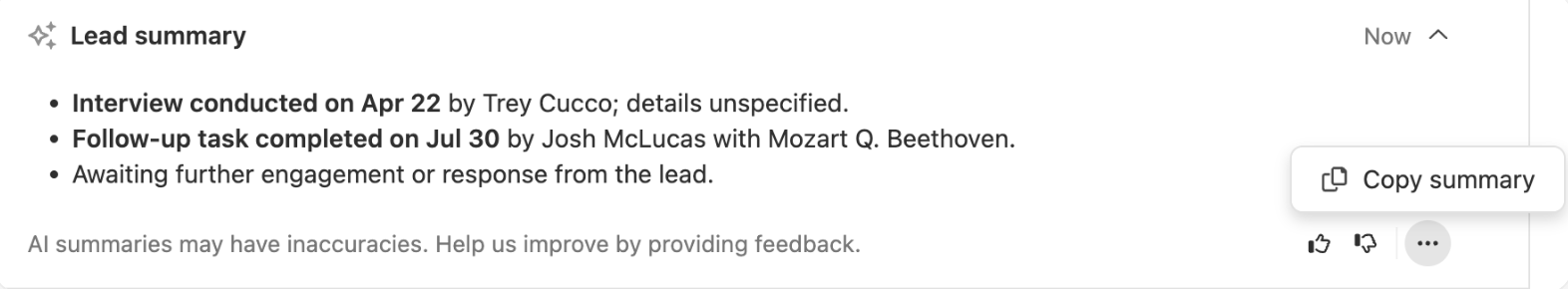 Lead summary panel showing bulleted AI-generated notes with copy summary button.