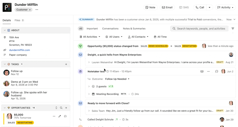 CRM lead detail page showing contact info, tasks, opportunities, and activity timeline.