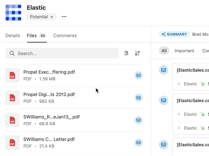 Lead page showing Files tab with list of PDF attachments and search bar.