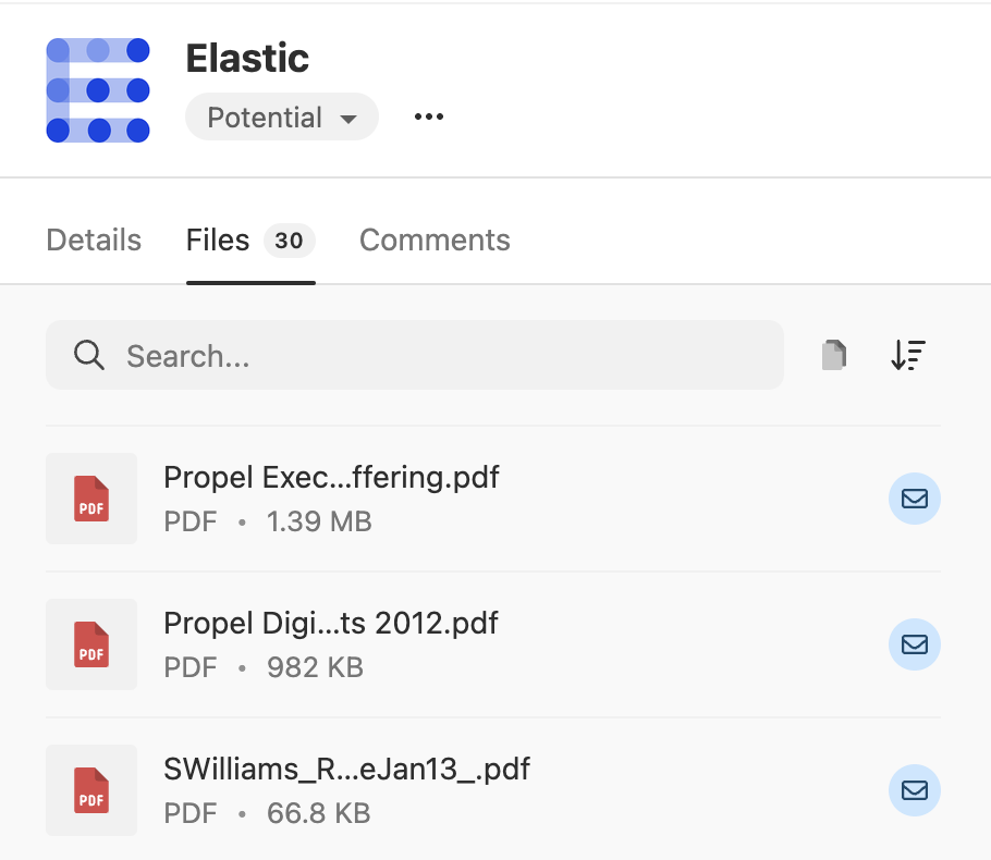 Lead page showing Files tab with searchable list of PDF attachments and file sizes.