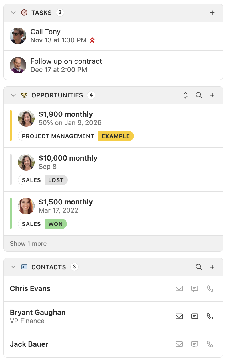 Sidebar panels showing Tasks, Opportunities with deal amounts and tags, and Contacts list with action icons.