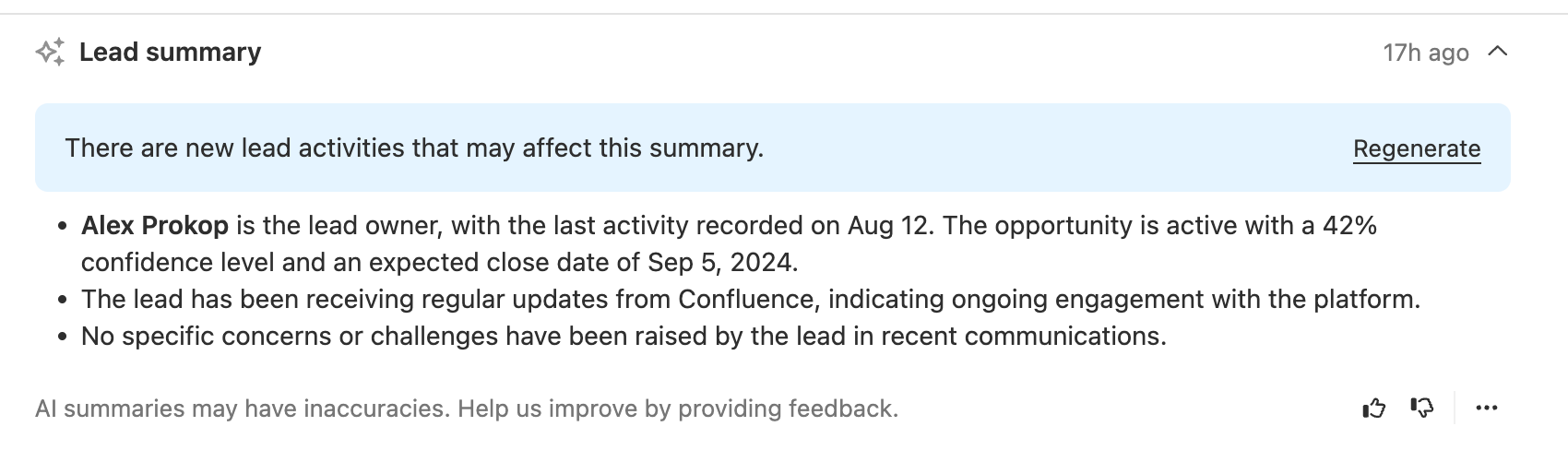 Lead summary panel showing a banner about new activities with bullet-point AI-generated summary and a Regenerate link.