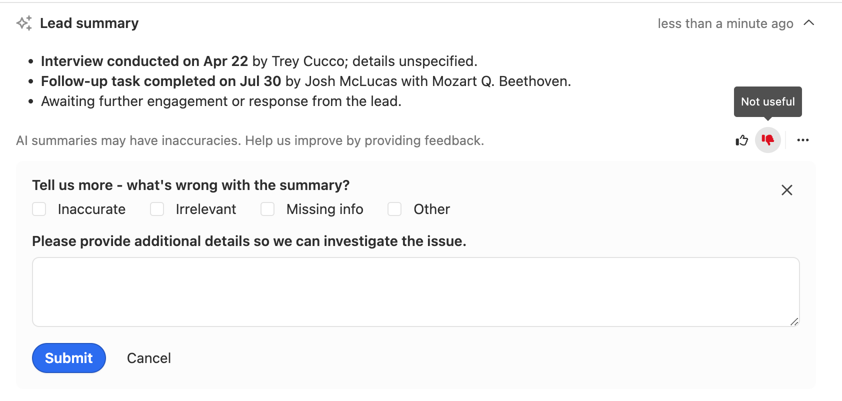 Feedback form for an AI-generated lead summary with checkboxes, text area, and submit button.