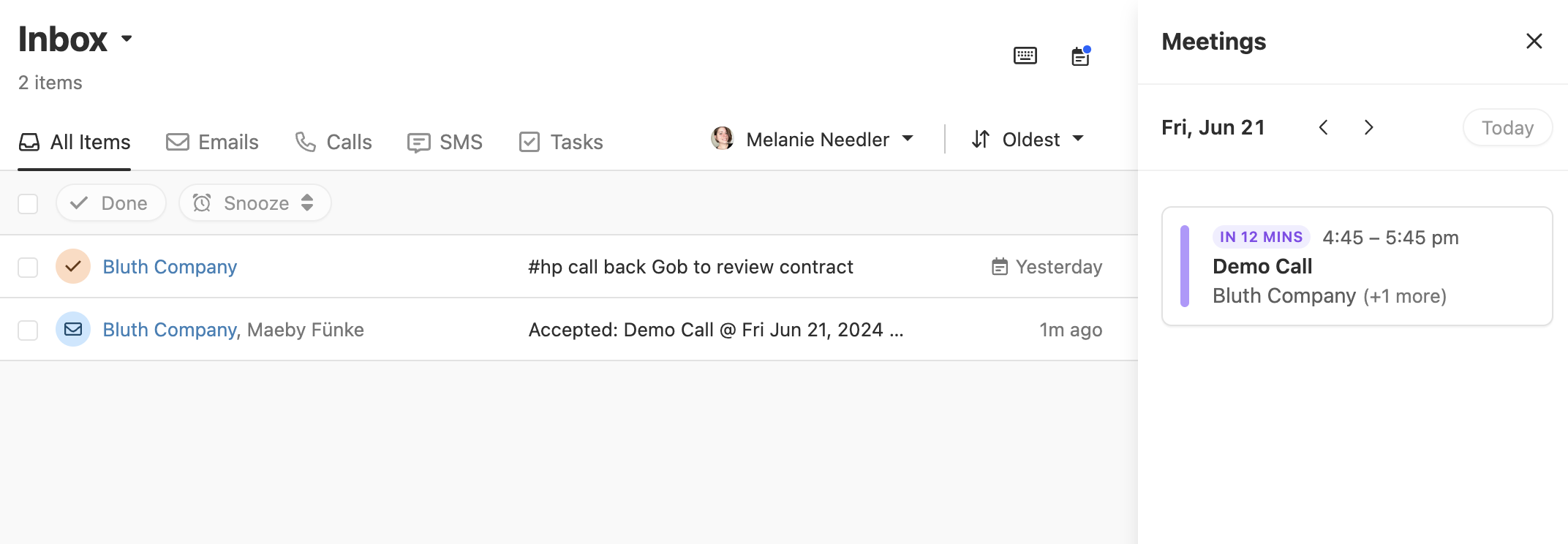 Inbox view with Meetings sidebar showing a Demo Call scheduled for Bluth Company.