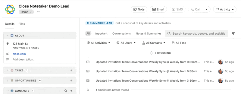 Lead page showing activity feed with upcoming synced meetings and contact details.