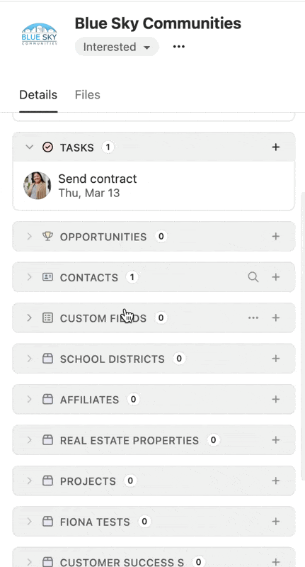Lead page sidebar showing Tasks, Opportunities, Contacts, and custom fields with add buttons.