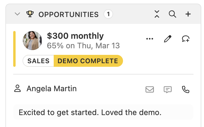 Opportunity card showing value, status badges, contact name, and recent comment.