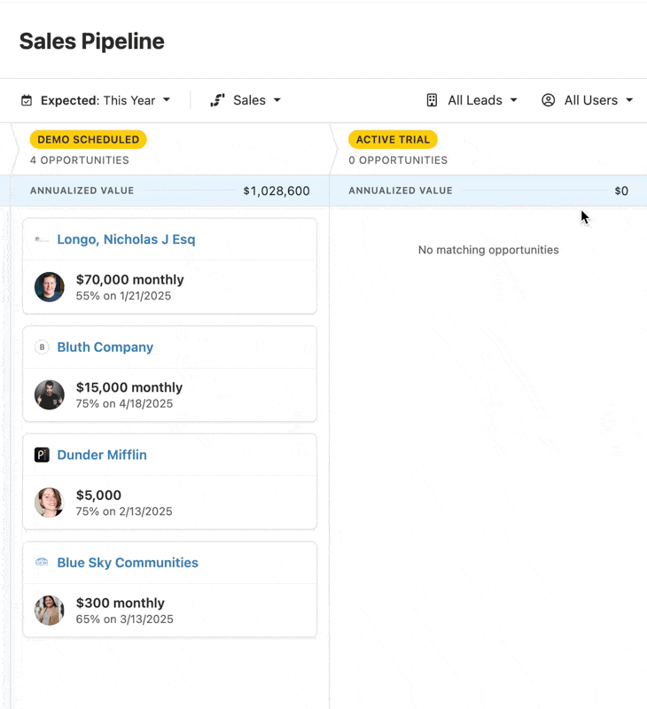 Kanban-style sales pipeline showing opportunity cards under Demo Scheduled and Active Trial columns.
