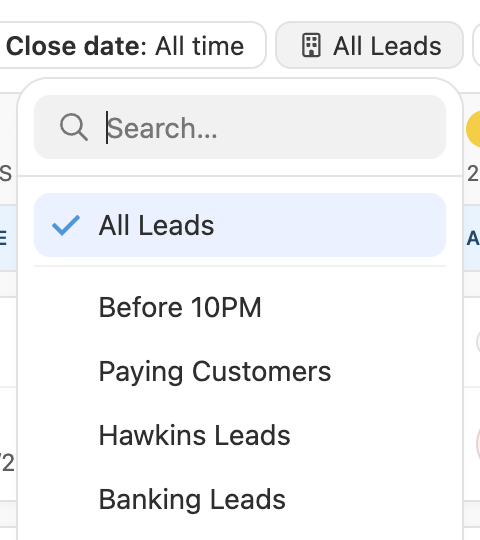 Dropdown menu showing pipeline filter options with search and All Leads selected.