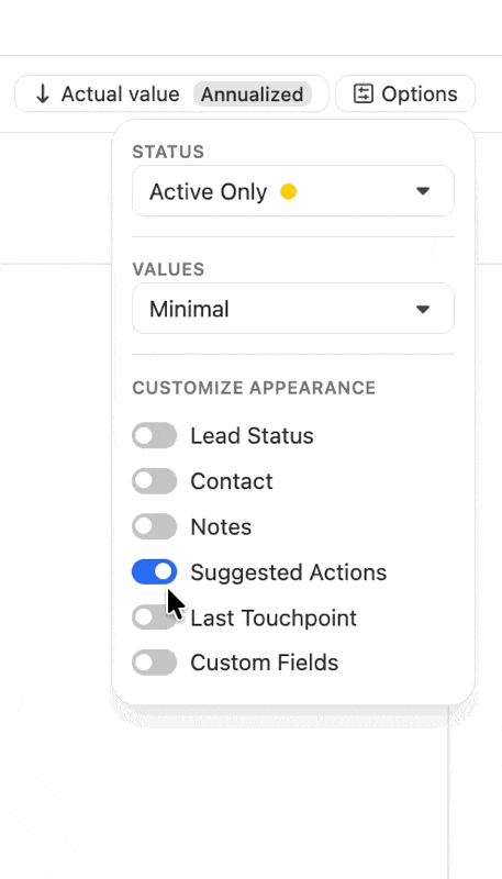 Options menu showing status, values, and appearance toggles with Suggested Actions enabled.