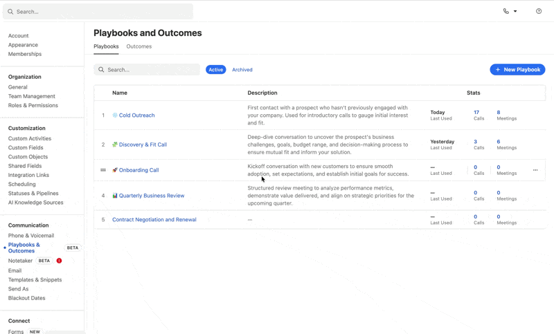 Settings page listing Playbooks with names, descriptions, and usage stats plus a New Playbook button.