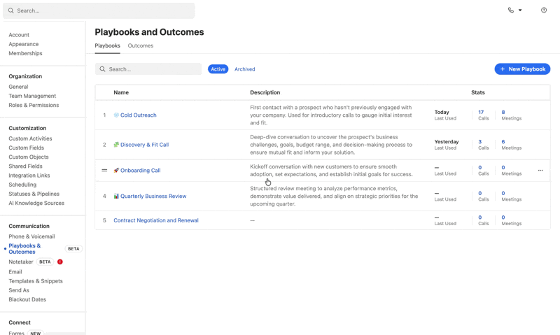 Settings page listing Playbooks with names, descriptions, and stats and a New Playbook button.