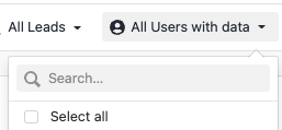 Open user filter dropdown with search box and Select all checkbox.