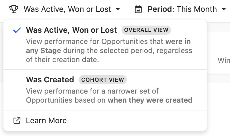 Dropdown showing 'Was Active, Won or Lost' and 'Was Created' date filter options.