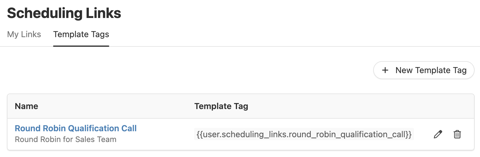 Scheduling Links Template Tags tab showing a named tag and its Liquid template tag.