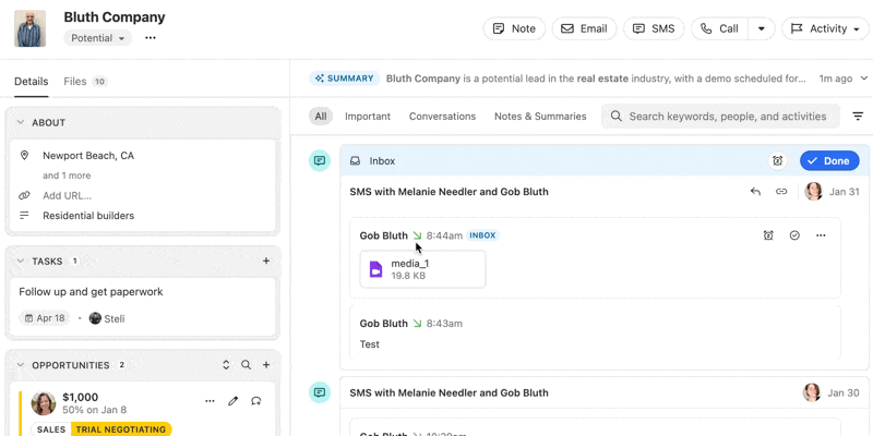 Lead page displaying SMS conversation thread and message attachments in the inbox.