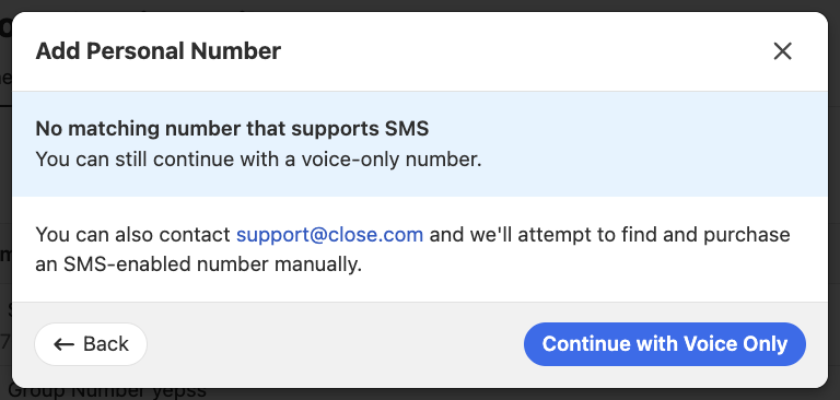 Modal dialog stating no matching SMS-enabled number and option to continue with voice-only.