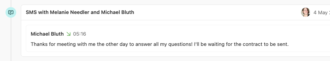 Lead SMS thread showing a received message from Michael Bluth with timestamp.