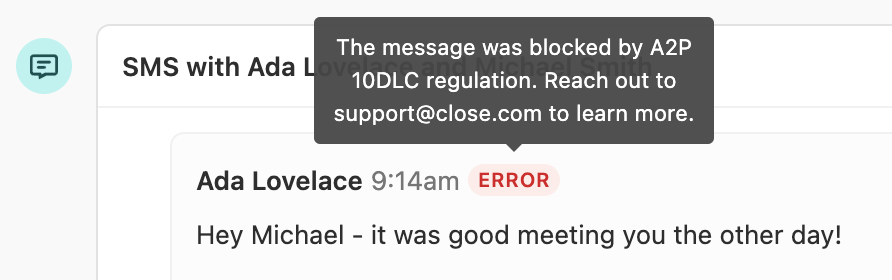 In-app SMS thread showing an error tooltip that the message was blocked by A2P 10DLC regulation.