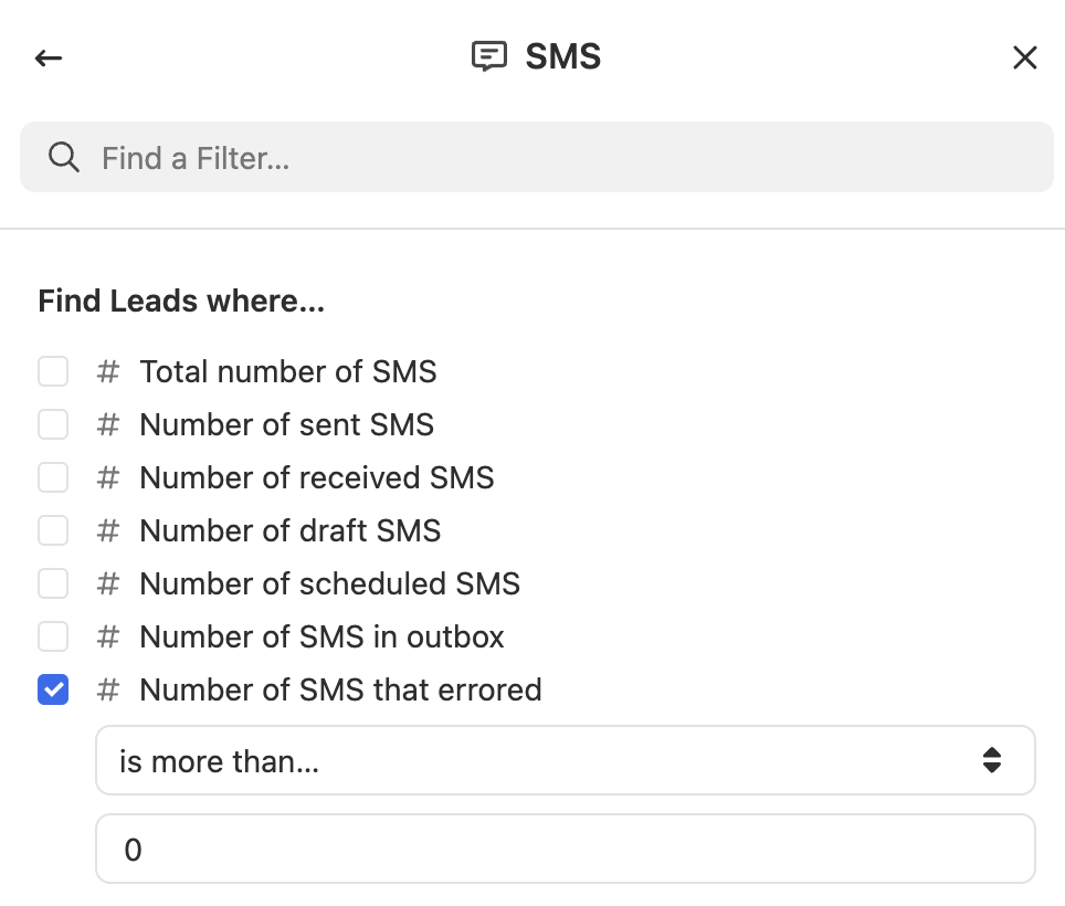 Filter panel showing SMS-related lead filters with 'Number of SMS that errored' selected.