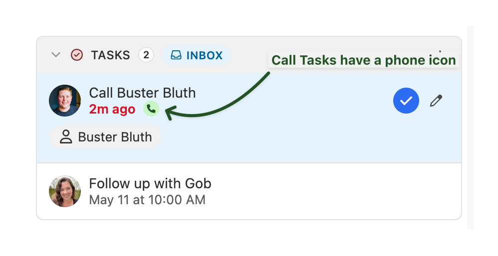 Inbox showing a Call Task with a green phone icon and completion button.