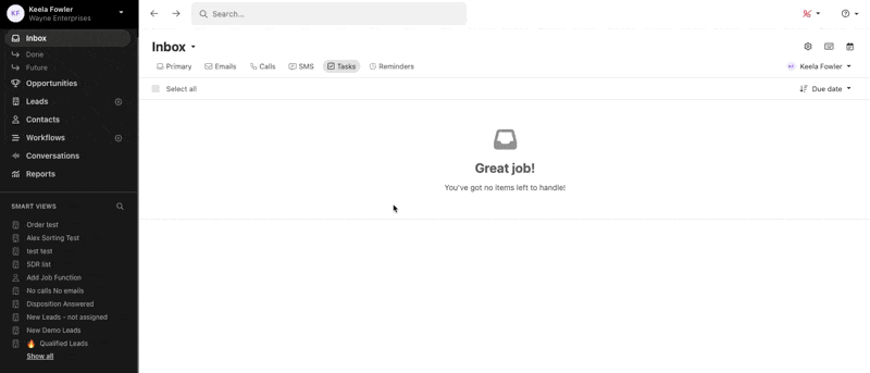 Inbox view showing no tasks with a centered 'Great job! You've got no items left to handle' message.