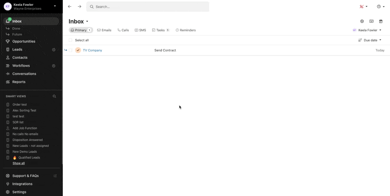 Close inbox showing a single task 'Send Contract' assigned to TV Company.