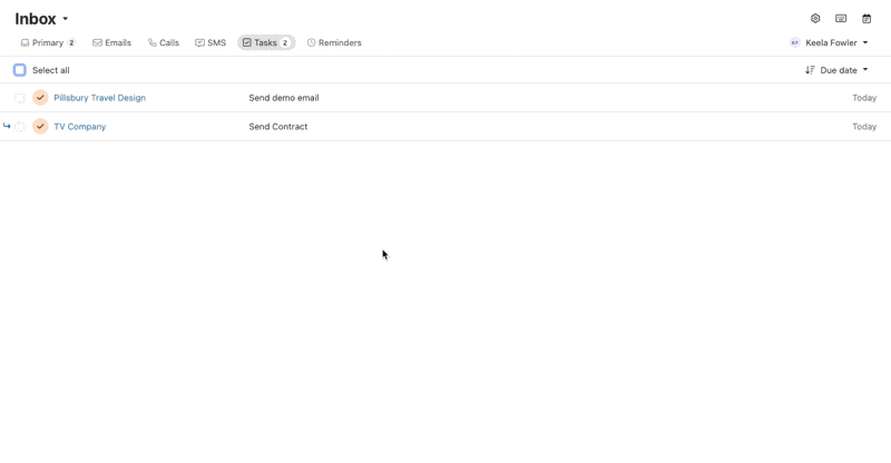 Inbox showing two tasks with lead names, task descriptions, and due dates.