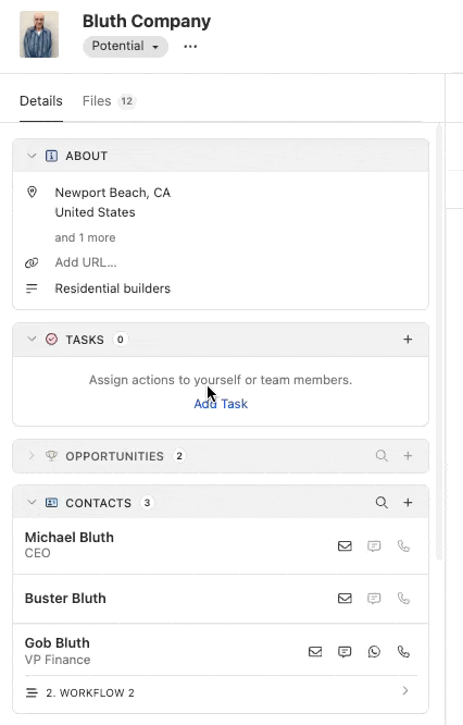 Lead page showing Tasks section with an empty tasks panel and Add Task link.