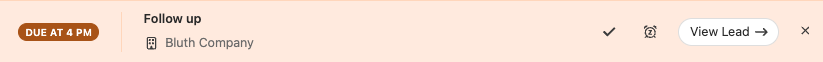 Single task row showing due time, title, company, priority and action buttons.