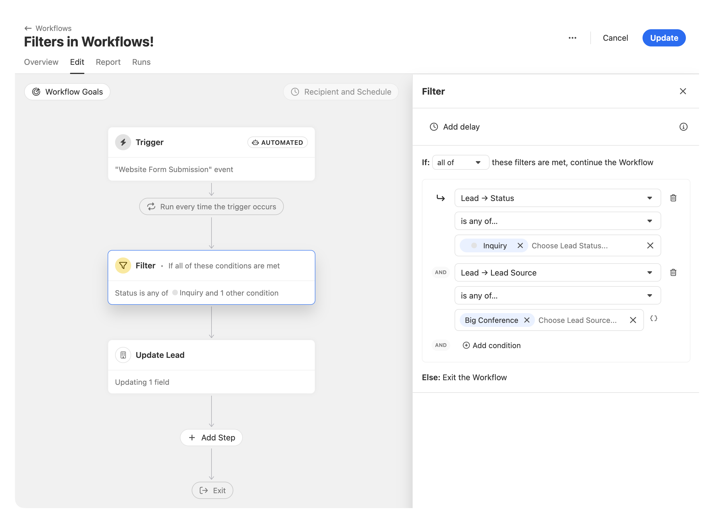 Workflow editor showing a Filter step and the filter configuration panel with conditions.