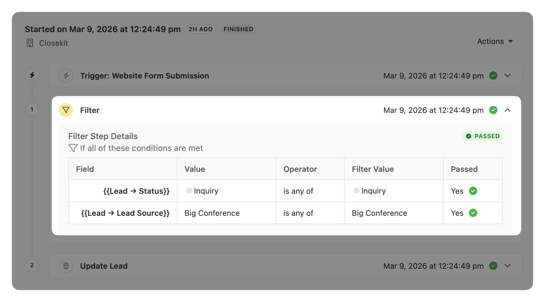Workflow editor showing a Filter step with conditions that passed for Lead Status and Lead Source.