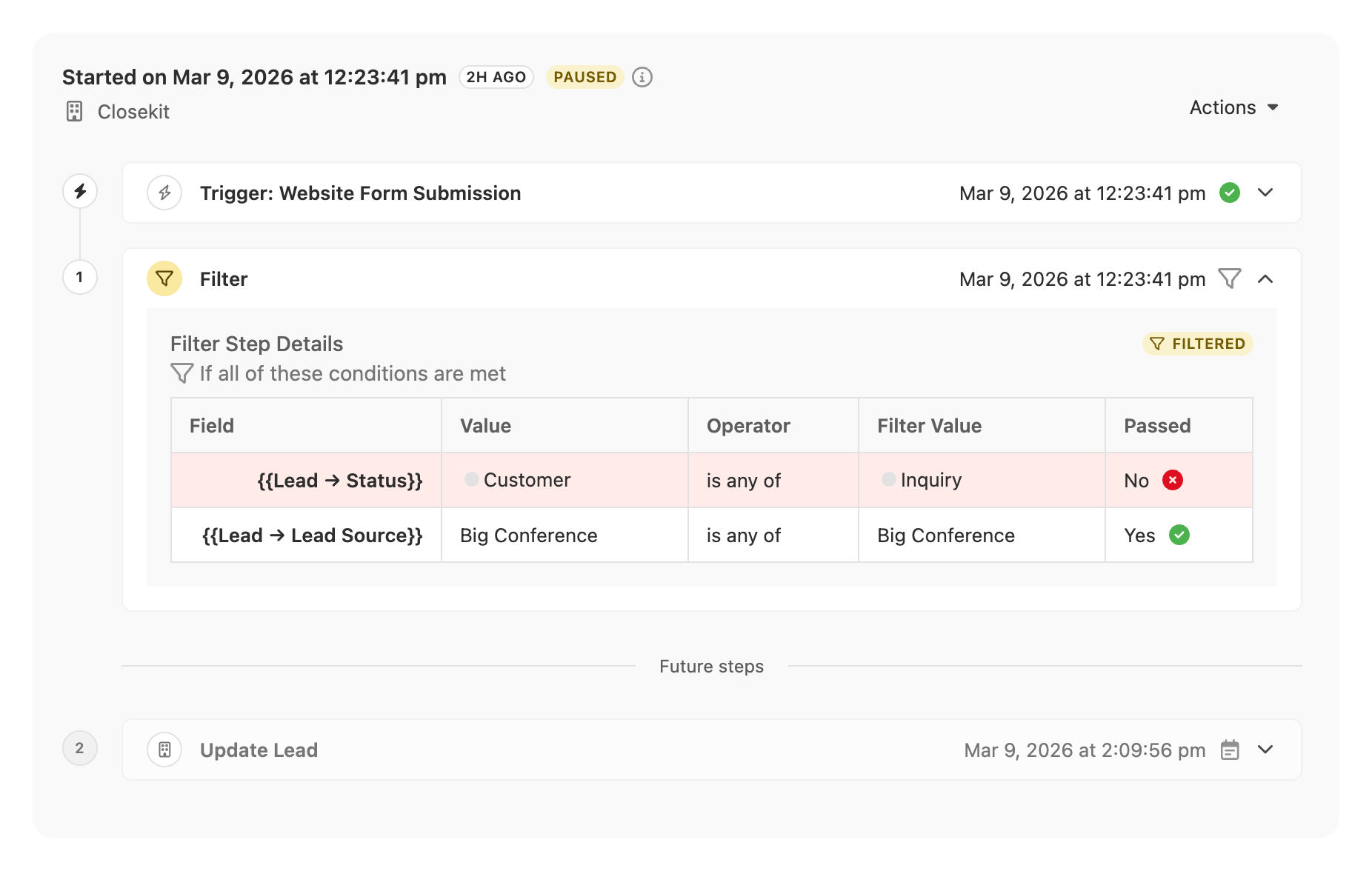 Workflow editor showing a Filter step with conditions and pass/fail results.