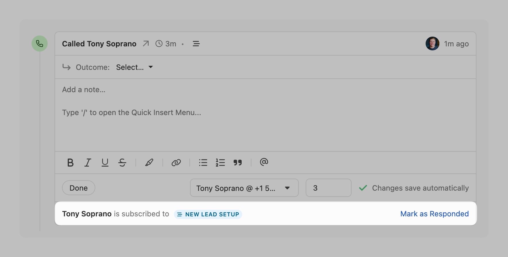 Call activity note composer showing outcome selector, rich text toolbar, and subscription banner for Tony Soprano.