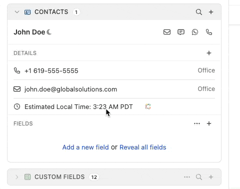 Contact sidebar showing John Doe with phone, email, and estimated local time.