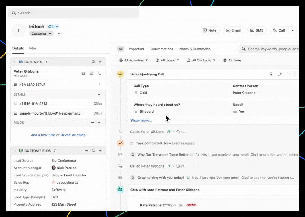 CRM lead detail view showing contact info, custom fields, and activity feed with calls, tasks, and messages.
