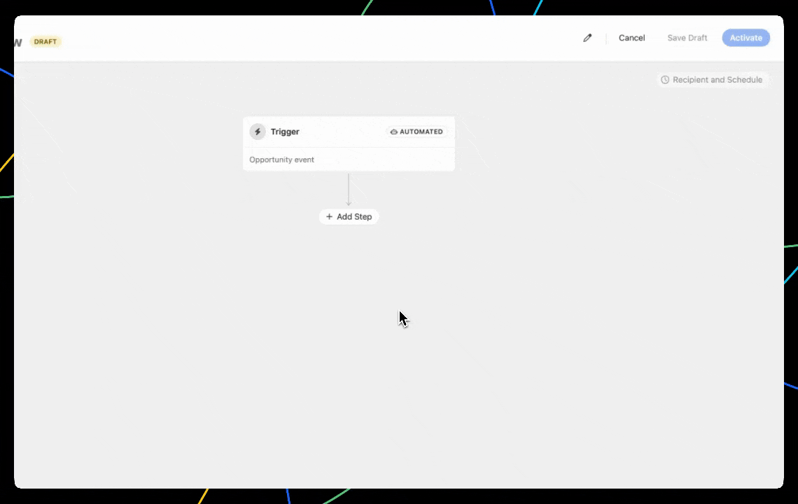 Empty workflow canvas showing a trigger card and an Add Step button.