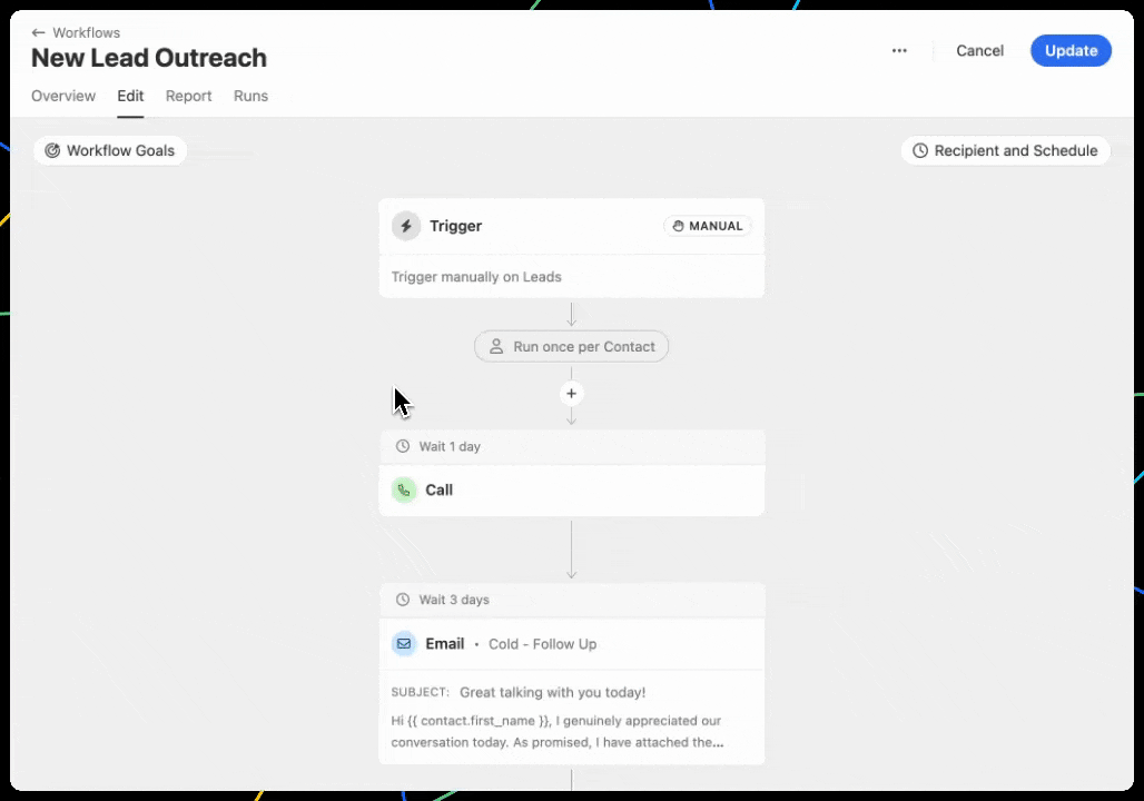 Workflow editor showing trigger, wait steps, call and email actions in a linear flow.