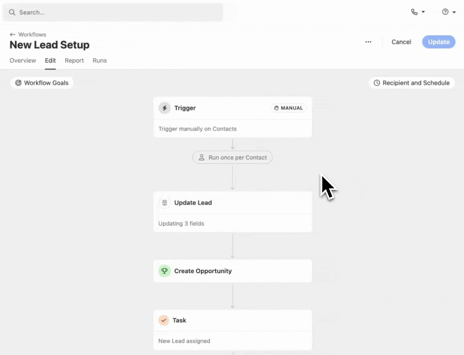 Workflow editor showing trigger, update lead, create opportunity, and task steps.