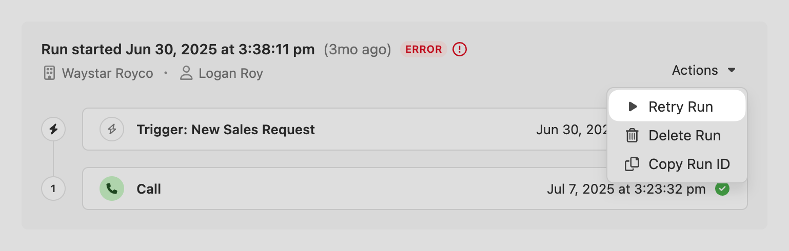 Workflow run detail panel showing an error status with actions menu to retry the run.