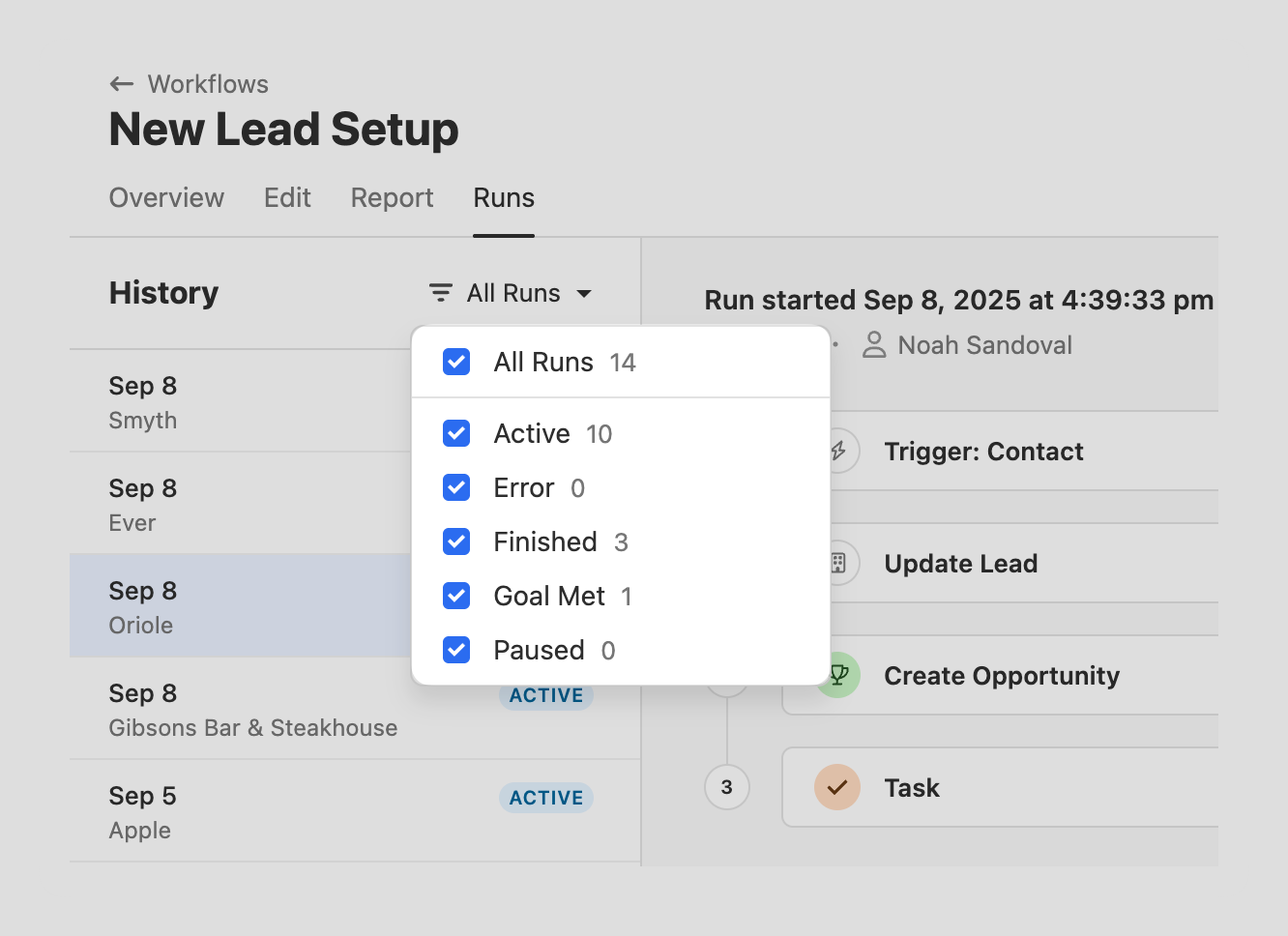 Runs view with a filter dropdown showing run status checkboxes and counts.