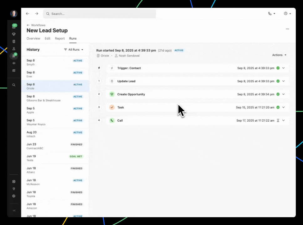 Workflow runs list with selected run showing steps like Update Lead, Create Opportunity, Task, and Call.