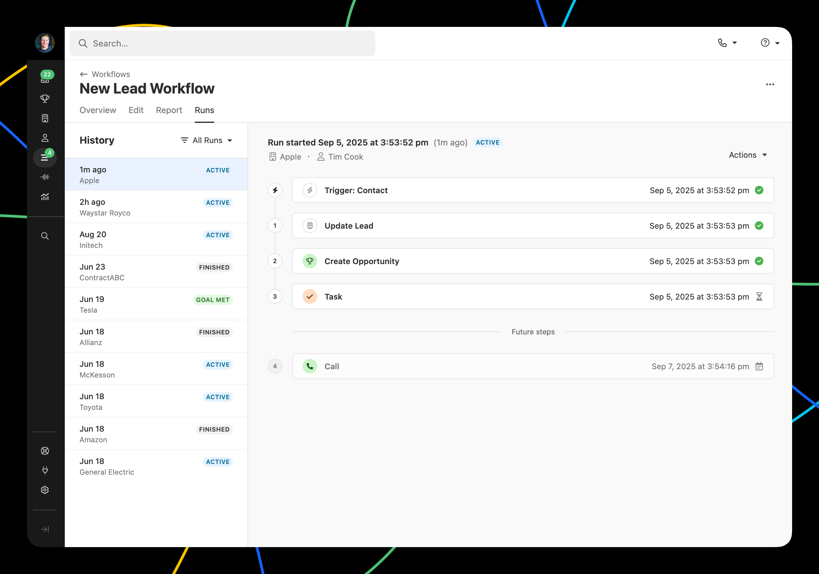 Runs history and step timeline for a New Lead Workflow showing trigger, update, create opportunity, task, and call steps.