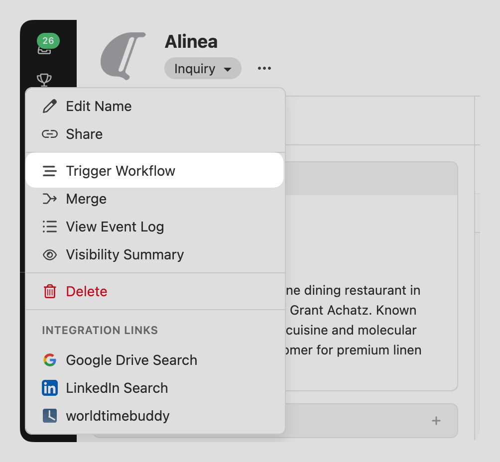 Dropdown menu on a lead showing the Trigger Workflow option highlighted.