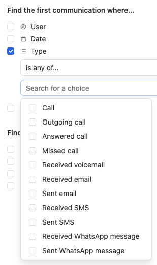 Dropdown menu showing communication type options including Received WhatsApp message.