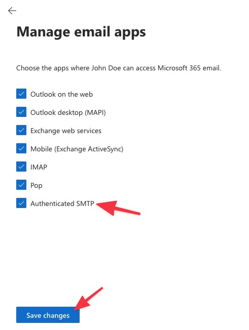Microsoft 365 Manage Email Apps dialog with Authenticated SMTP checked and Save changes button highlighted.